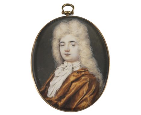 Manner of Benjamin Arlaud Portrait miniature of a gentleman wearing a brown cloak and long wig On paper, oval, in a gilt meta