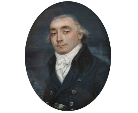 λFrench School Late 18th Century Portrait miniature of a gentleman wearing a blue coat with black collar Oval, in a rectangul