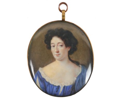 Christian Richter (Swedish 1678-1732) Portrait miniature of a lady wearing a blue dress On vellum, oval, in a gilt metal fram