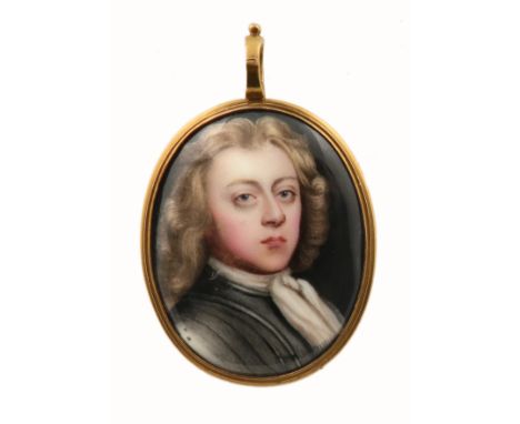 Continental School c.1700 Portrait miniature of a gentleman wearing armour and a white cravat Enamel on copper, oval, in a gi