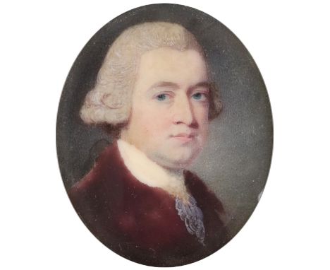 λ Ozias Humphry RA (1742-1810) Portrait miniature of a gentleman wearing a crimson coat, his powdered hair en queue Inscribed