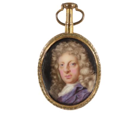 Attributed to Charles Boit (Swedish 1662-1727)Portrait of a gentleman wearing a purple cloak and long wig Enamel on copper, o