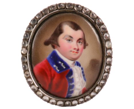 Continental School Late 18th Century Portrait miniature of a gentleman wearing a red coat with blue collar and lapels Enamel 