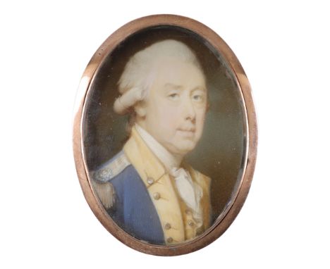 λJeremiah Meyer RA (1735–1789)Portrait miniature of a naval officer in uniform Oval, in a gilt metal brooch frame with blue g