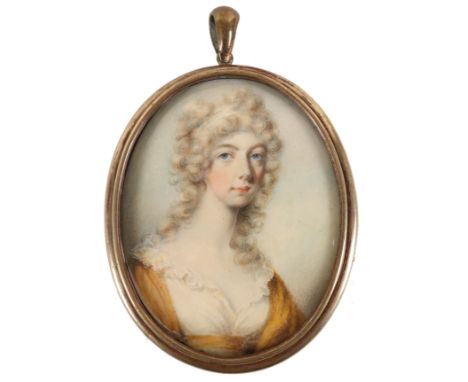 λPhilip Jean (1755-1802) Portrait miniature of Mrs MacMahon, wearing a white and yellow dress, and white bandeau in her powde