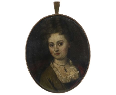 Dutch School Late 17th Century Portrait miniature of a lady wearing a green dress and red cloak On copper, oval, in a gilt me