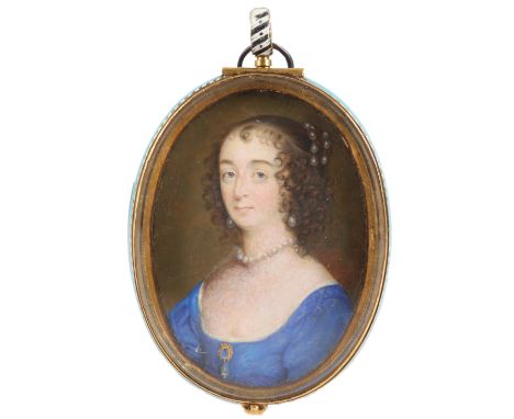 Circle of John Hoskins Portrait miniature of a lady wearing a blue dress, and pearl necklace and earrings On vellum, oval, in