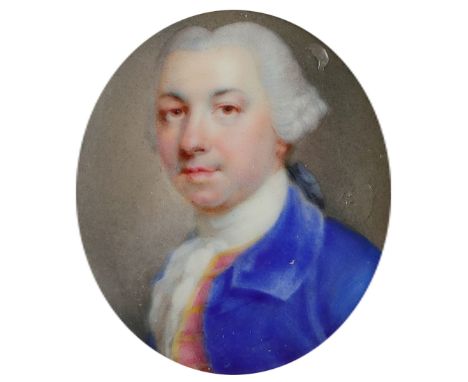 Attributed to Jeremiah Meyer RA (1735-1789)Portrait miniature of a gentleman wearing a blue coat and red waistcoat Enamel on 
