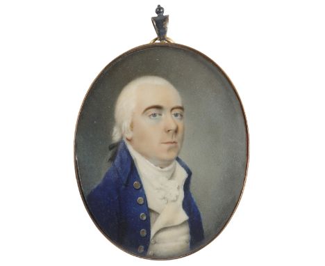 λEnglish School c.1760 Portrait miniature of a gentleman wearing a blue coat and white waistcoat, his powdered hair en queue 