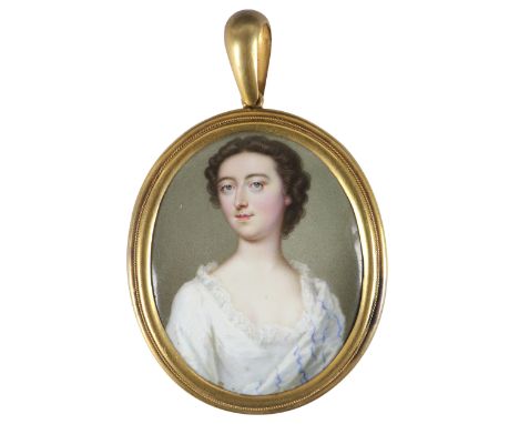 Isaac Seeman (act.1720-1751) Portrait miniature of a lady wearing a white dress Signed to the counter-enamel Seaman I Enamel 