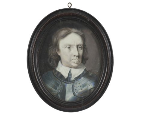 After Samuel Cooper Portrait miniature of Oliver Cromwell (1599-1658), Lord Protector, wearing armour On paper, oval, in a st