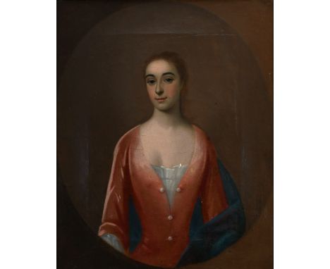 English School Early 18th Century Portrait of a lady in a red dress and blue shawl in a painted oval Oil on canvas 26.3 x 21.