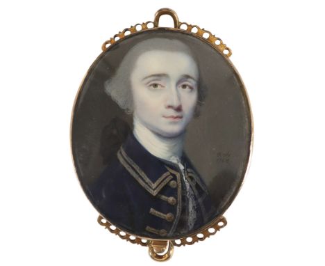 λJames Reily (Irish d.1780/1788) Portrait miniature of a gentleman wearing a blue trimmed coat and waistcoat, with powdered h