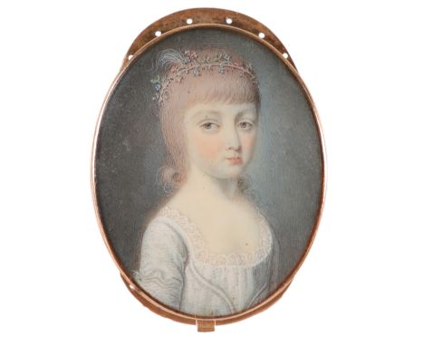 λEnglish School c.1800 Portrait miniature of a young girl wearing a white dress with flowers in her hair Oval, in a gilt meta
