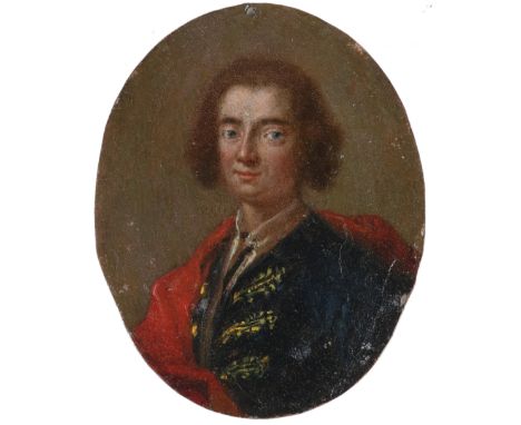 English School 18th Century Portrait miniature of a young man, wearing a blue coat and red shawl On copper, oval 73 x 59mm Un