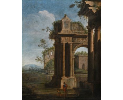 Circle of Niccolò Codazzi Architectural capriccio with figures by a ruined triumphal arch, a landscape beyond Oil on canvas 8
