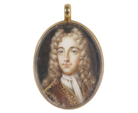 λManner of Peter Cross Portrait miniature of a gentleman wearing a brown coat and long wig Oval, in a gilt metal frame 39 x 3