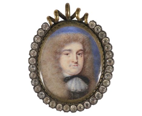 Attributed to Matthew Snelling (1621-1678)Portrait miniature of a gentleman wearing a lace cravat and long wig On vellum, ova