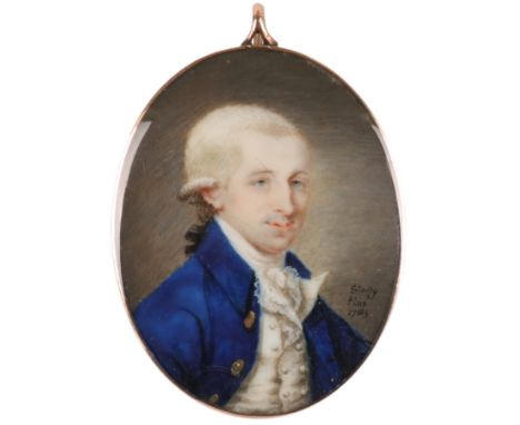 λJohn Stordy (Irish, circa 1738-1799)Portrait miniature of a gentleman wearing a blue coat and white waistcoat and powdered h