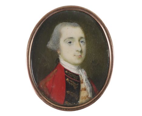 λNathaniel Hone RA (Irish 1718-1784) Portrait miniature of an officer in uniform with powdered hair Signed with initials and 