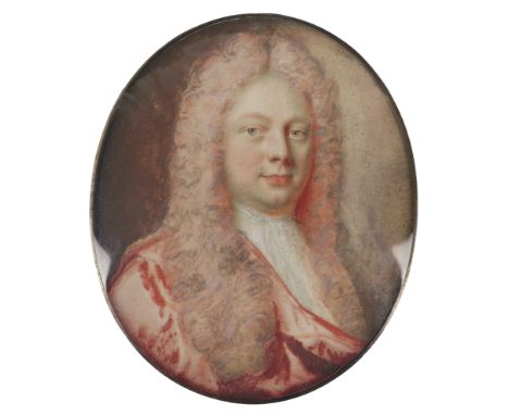 English School Late 17th Century Portrait miniature of Sir John Shadwell (1671-1747) wearing a red cloak and a long wigOn vel