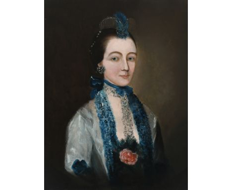 Follower of Gainsborough Dupont Portrait of a lady, half-length, wearing a white dress, blue ribbon, and pearl necklace, earr