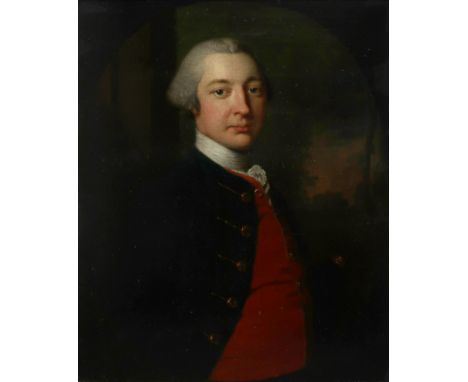 Frans van der Mijn (Dutch 1719-1783) Portrait of a gentleman wearing a blue coat and red waistcoat, in a painted oval Signed 