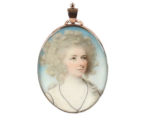 λThomas H. Hull (act.1775-1827)Portrait of a lady wearing a white dress and with powdered hair Oval, in a gilt metal frame 43