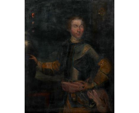 Central European School 18th Century Portrait of a nobleman, half-length, wearing a breast-plate and pink sash Charged with c