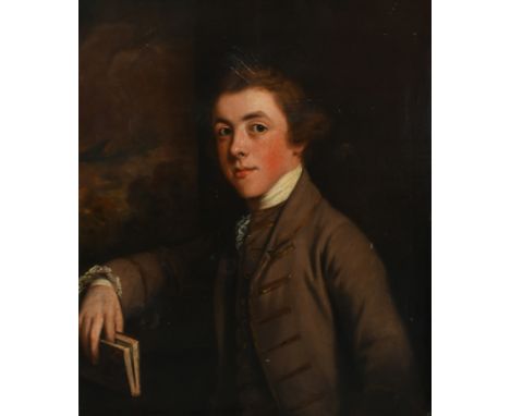 Thomas Beach RA (1738-1806) Portrait of Charles Helyar, aged 17, half-length, wearing a lilac coat and waistcoat and holding 