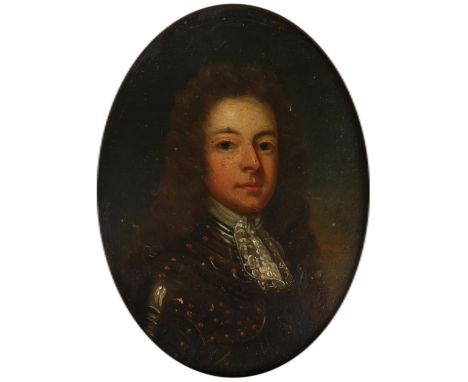 English School 17th Century Portrait miniature of a gentleman wearing armour and a long wig On copper, oval, in a gilt painte