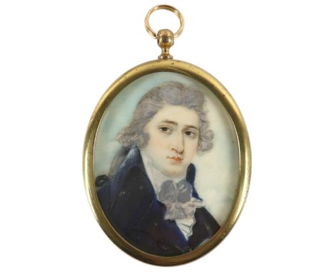 λEnglish School Mid 18th Century Portrait miniature of a gentleman wearing a blue coat, his powdered wig en queue Oval, in a 
