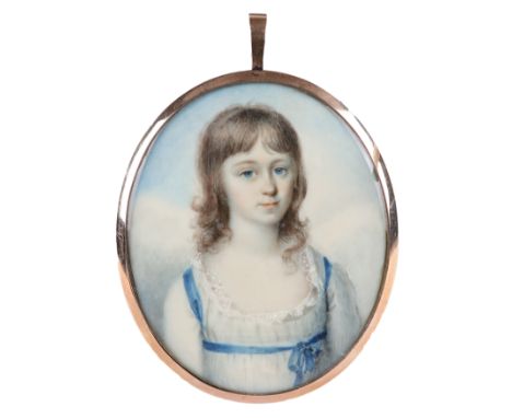 λEnglish School Late 18th Century Portrait miniature of a young girl wearing a white dress with blue ribbons Oval, in a gilt 
