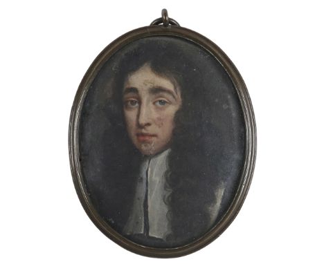 Follower of Samuel Cooper Portrait miniature of a gentleman wearing a lawn collar and long hair On metal, oval, in a metal fr
