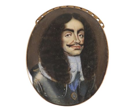 Manner of Samuel Cooper Portrait miniature of Charles II (1630-1685), wearing armour and the Garter Ribbon On paper, oval, in