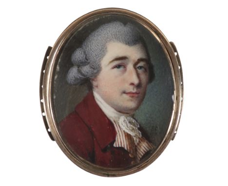 λSamuel Cotes (1734-1818) Portrait miniature of a gentleman wearing a brown coat and striped waistcoat, and with powdered hai