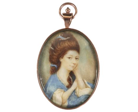 λManner of Jeremiah Meyer Portrait miniature of a lady wearing a blue dress and pearls in her hair Signed indistinctly with i