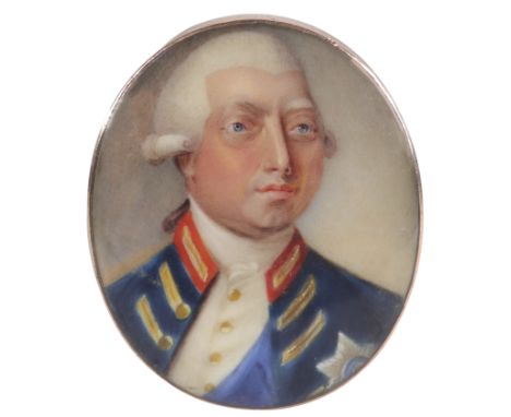 λAfter Thomas Gainsborough Portrait miniature of George III (1738-1820), wearing 'Windsor Uniform' Oval, in a gilt metal fram