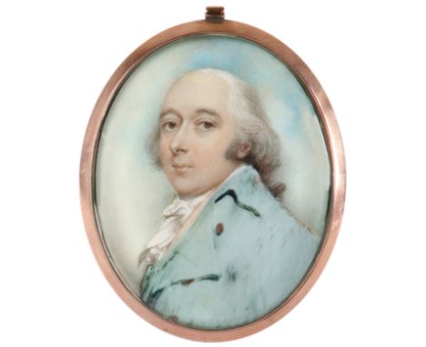 λAndrew Plimer (1763-1837)Portrait miniature of a gentleman wearing a blue coat and with powdered hair Oval, in a gilt metal 