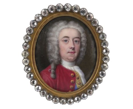 Circle of Christian Frederick Zincke Portrait miniature of a gentleman wearing a red coat, a blue and yellow waistcoat and a 