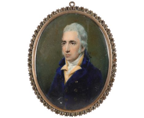 λJohn Cox Dillman Engleheart (1784-1862) Portrait miniature of a Thomas Lee wearing a blue coat and yellow waistcoat, his pow