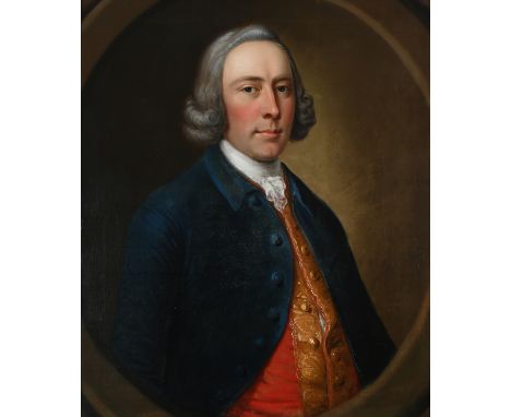 English School, c.1760 Portrait of a gentleman, bust-length, wearing a blue coat and red brocaded waistcoat, in a painted ova