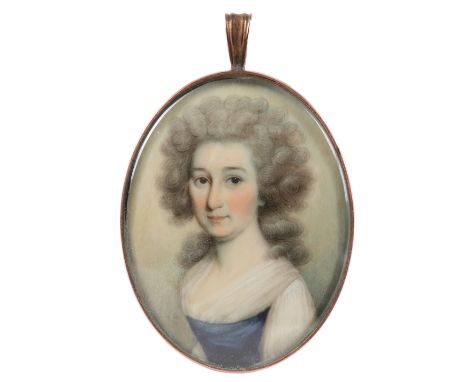 λThomas Hazlehurst (c.1740-c.1821) Portrait miniature of a lady wearing a blue and white dress, and with powdered hair Signed