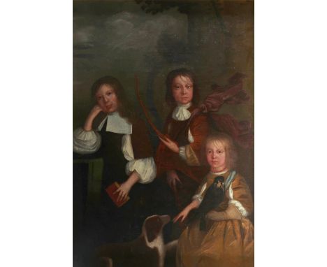 Follower of Nicolaes Maes Portrait of three children, one holding a hawk, with a dog in a landscape Oil on canvas 132.3 x 91.