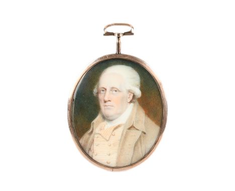 λCharles Shirreff (Scottish c.1750-1829)Portrait miniature of a gentleman wearing a brown coat and striped waistcoat, with a 
