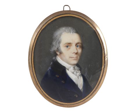 λEnglish School Late 18th Century Portrait miniature of a gentleman wearing a blue coat with black collar, his powdered hair 