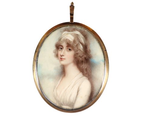 λAndrew Plimer (1763-1837)Portrait miniature of a lady wearing a white dress and white bandeau Oval, in a gilt metal frame, t