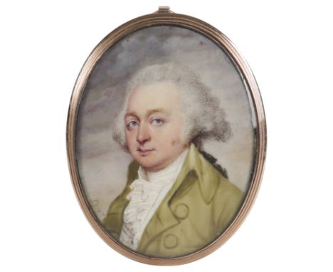 λThomas Peat (act.1791-1831) Portrait miniature of a gentleman wearing a green jacket and white waistcoat Signed Peat (lower 