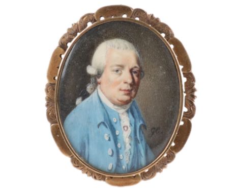λAttributed to George Engleheart (1750-1829) Portrait miniature of a gentleman wearing a sky blue coat and waistcoat, and pow