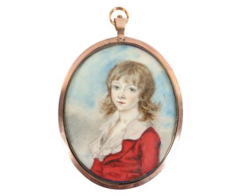λThomas Arrowsmith (1772-1829) Portrait miniature of a boy wearing a red double-breasted coat with white collar Oval, in a gi